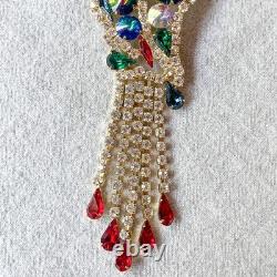Vintage Parrot Bird Brooch Vitrail Rivoli Rhinestone Dangle Pin Juliana-Style