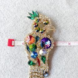 Vintage Parrot Bird Brooch Vitrail Rivoli Rhinestone Dangle Pin Juliana-Style