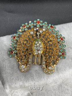 Vintage Peacock Brooch Pin Blue Brown Red Rhinestone Gold Tone HEAVY READ