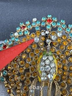 Vintage Peacock Brooch Pin Blue Brown Red Rhinestone Gold Tone HEAVY READ