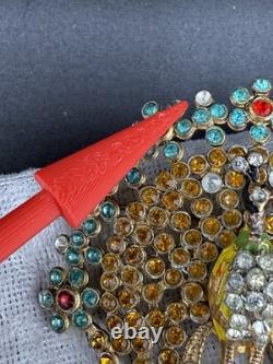 Vintage Peacock Brooch Pin Blue Brown Red Rhinestone Gold Tone HEAVY READ