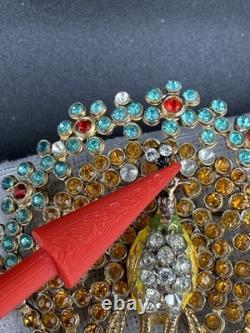 Vintage Peacock Brooch Pin Blue Brown Red Rhinestone Gold Tone HEAVY READ