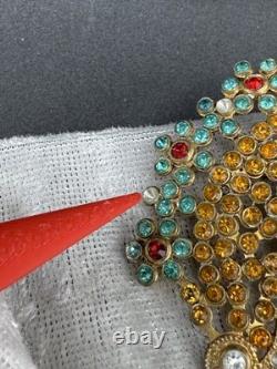 Vintage Peacock Brooch Pin Blue Brown Red Rhinestone Gold Tone HEAVY READ