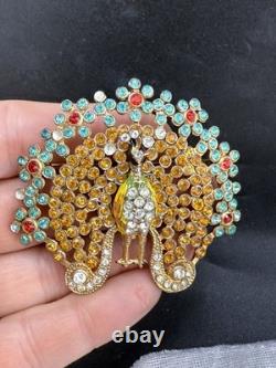 Vintage Peacock Brooch Pin Blue Brown Red Rhinestone Gold Tone HEAVY READ