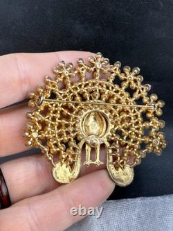 Vintage Peacock Brooch Pin Blue Brown Red Rhinestone Gold Tone HEAVY READ