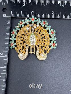 Vintage Peacock Brooch Pin Blue Brown Red Rhinestone Gold Tone HEAVY READ