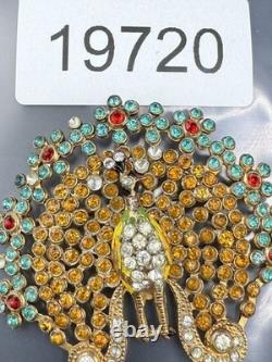 Vintage Peacock Brooch Pin Blue Brown Red Rhinestone Gold Tone HEAVY READ