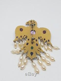 Vintage Percossi Papi Enamel, Seed Pearls, & Gemstone Thunderbird Brooch/Pendant