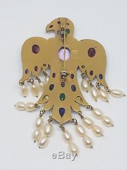 Vintage Percossi Papi Enamel, Seed Pearls, & Gemstone Thunderbird Brooch/Pendant