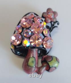 Vintage Pink Faceted Glass Rhinestone Enamel Mushroom Pin Brooch