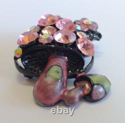 Vintage Pink Faceted Glass Rhinestone Enamel Mushroom Pin Brooch