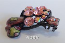 Vintage Pink Faceted Glass Rhinestone Enamel Mushroom Pin Brooch