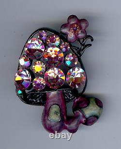 Vintage Pink Faceted Glass Rhinestone Enamel Mushroom Pin Brooch