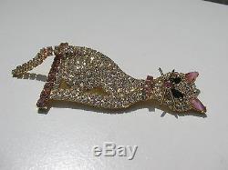 Vintage Pink Moonglow Cabochon Glass Rhinestone Collar Tail Figural Cat Brooch