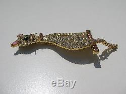 Vintage Pink Moonglow Cabochon Glass Rhinestone Collar Tail Figural Cat Brooch