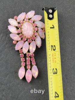 Vintage Pink Opalite Art Glass Rhinestone Dog Tooth Prong Dangle Brooch Designer