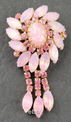 Vintage Pink Opalite Art Glass Rhinestone Dog Tooth Prong Dangle Brooch Designer