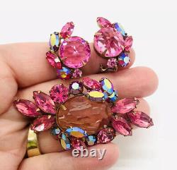 Vintage Pink Rhinestone Brooch Earrings Demi Inverted Stones Unsigned Beauty