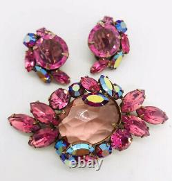 Vintage Pink Rhinestone Brooch Earrings Demi Inverted Stones Unsigned Beauty