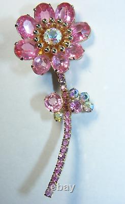 Vintage Pink Rhinestone Flower Brooch Pin Open Back Gold Metal Juliana 16-A