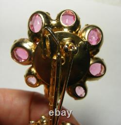 Vintage Pink Rhinestone Flower Brooch Pin Open Back Gold Metal Juliana 16-A