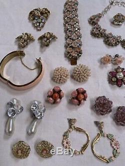 Vintage Pink Rhinestone Jewelry Lot Brooch Necklaces Earrings Bracelets Signed