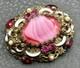Vintage Pink West Germany Marbled Porphyry Glass Cabochon Rhinestone Brooch