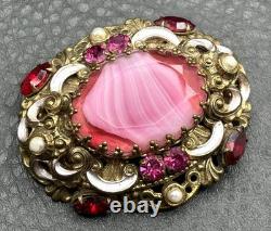 Vintage Pink West Germany Marbled Porphyry Glass Cabochon Rhinestone Brooch