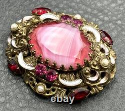 Vintage Pink West Germany Marbled Porphyry Glass Cabochon Rhinestone Brooch