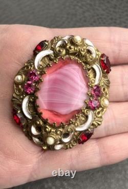 Vintage Pink West Germany Marbled Porphyry Glass Cabochon Rhinestone Brooch