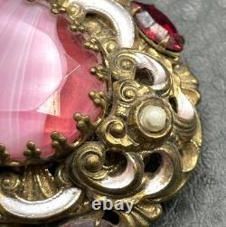 Vintage Pink West Germany Marbled Porphyry Glass Cabochon Rhinestone Brooch