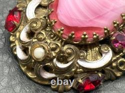 Vintage Pink West Germany Marbled Porphyry Glass Cabochon Rhinestone Brooch