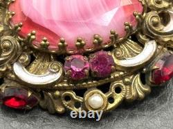 Vintage Pink West Germany Marbled Porphyry Glass Cabochon Rhinestone Brooch