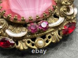 Vintage Pink West Germany Marbled Porphyry Glass Cabochon Rhinestone Brooch