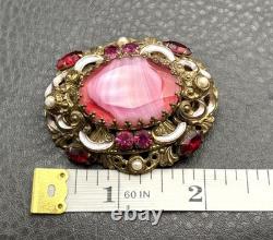 Vintage Pink West Germany Marbled Porphyry Glass Cabochon Rhinestone Brooch