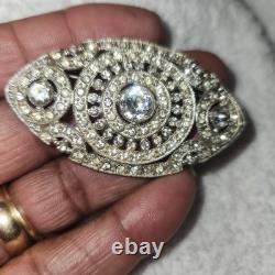 Vintage Pot Metal Brooch Art Deco Silver Clear Rhinestone Oval Openwork Pin