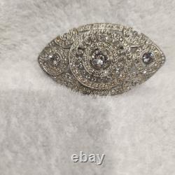 Vintage Pot Metal Brooch Art Deco Silver Clear Rhinestone Oval Openwork Pin