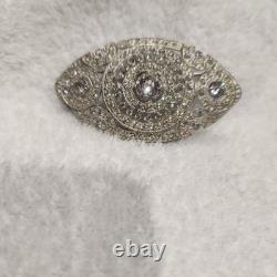 Vintage Pot Metal Brooch Art Deco Silver Clear Rhinestone Oval Openwork Pin