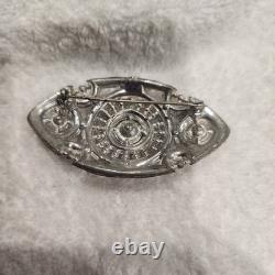 Vintage Pot Metal Brooch Art Deco Silver Clear Rhinestone Oval Openwork Pin