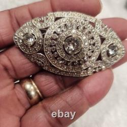 Vintage Pot Metal Brooch Art Deco Silver Clear Rhinestone Oval Openwork Pin