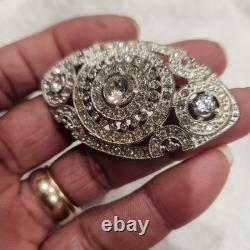 Vintage Pot Metal Brooch Art Deco Silver Clear Rhinestone Oval Openwork Pin