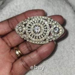 Vintage Pot Metal Brooch Art Deco Silver Clear Rhinestone Oval Openwork Pin