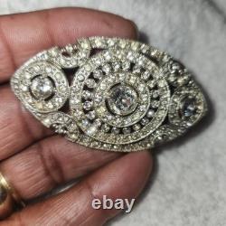 Vintage Pot Metal Brooch Art Deco Silver Clear Rhinestone Oval Openwork Pin