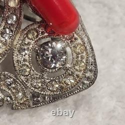 Vintage Pot Metal Brooch Art Deco Silver Clear Rhinestone Oval Openwork Pin