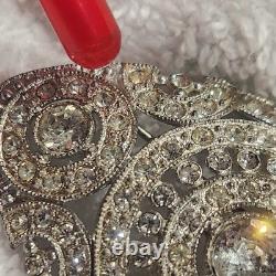 Vintage Pot Metal Brooch Art Deco Silver Clear Rhinestone Oval Openwork Pin