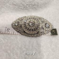 Vintage Pot Metal Brooch Art Deco Silver Clear Rhinestone Oval Openwork Pin