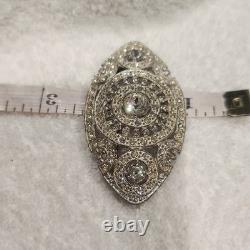 Vintage Pot Metal Brooch Art Deco Silver Clear Rhinestone Oval Openwork Pin