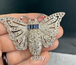 Vintage Pot Metal Brooch Butterfly Blue Red Rhinestone Silver Tone