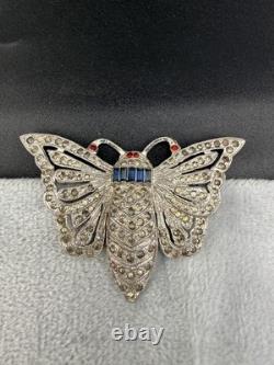 Vintage Pot Metal Brooch Butterfly Blue Red Rhinestone Silver Tone