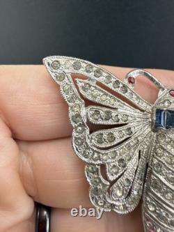 Vintage Pot Metal Brooch Butterfly Blue Red Rhinestone Silver Tone